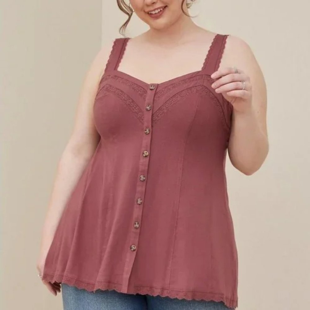 Torrid Fit and flare rayon slub lace trim button front tank top Sz 1 14/16